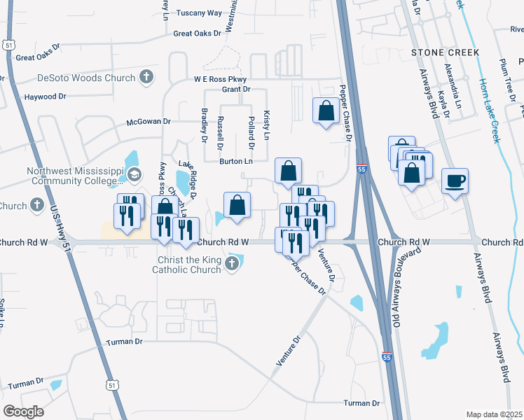 map of restaurants, bars, coffee shops, grocery stores, and more near Whispering Oak in Southaven