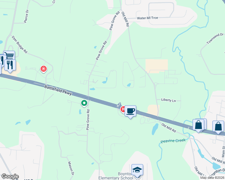 map of restaurants, bars, coffee shops, grocery stores, and more near 6141 Three Notch Road in Ringgold