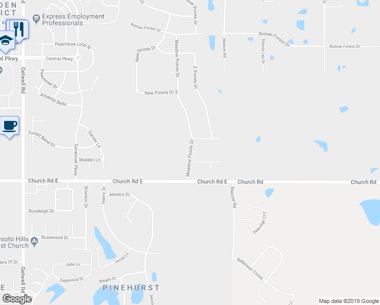 map of restaurants, bars, coffee shops, grocery stores, and more near 5124 Meadow Pointe Dr in Southaven