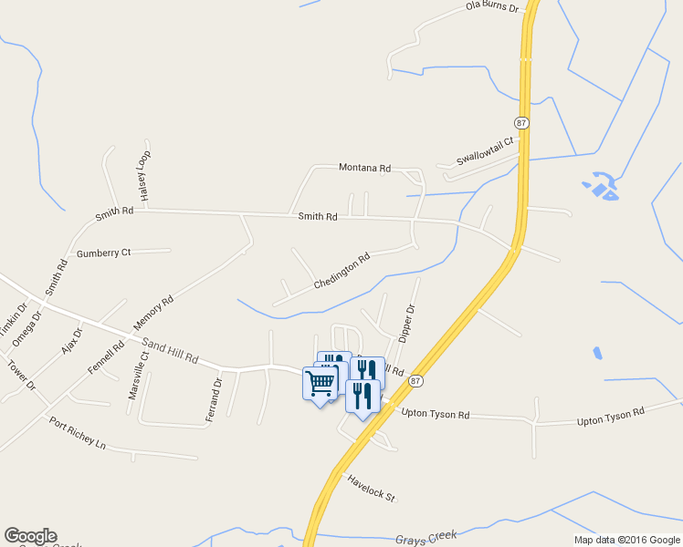 map of restaurants, bars, coffee shops, grocery stores, and more near 1420 Chedington Road in Hope Mills