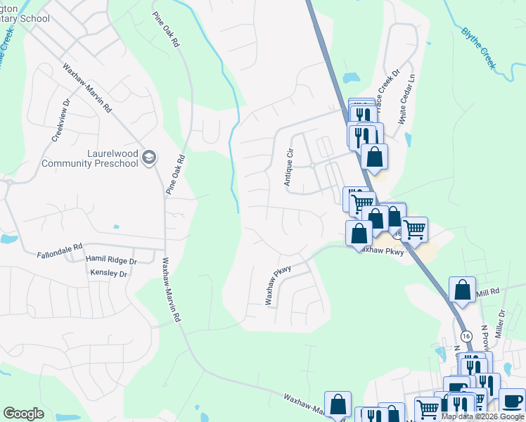 map of restaurants, bars, coffee shops, grocery stores, and more near 8101 Winter Oaks Court in Waxhaw