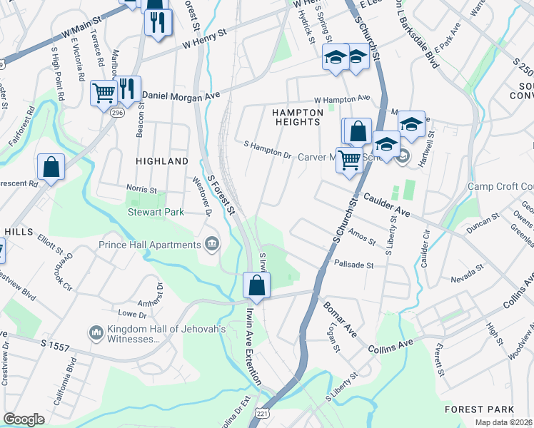 map of restaurants, bars, coffee shops, grocery stores, and more near 641 South Irwin Avenue in Spartanburg