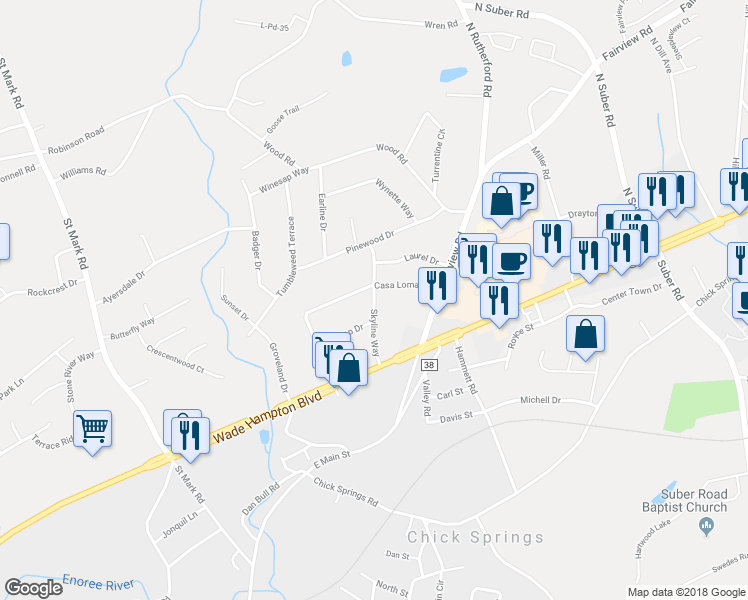 map of restaurants, bars, coffee shops, grocery stores, and more near 101 Skyline Way in Taylors