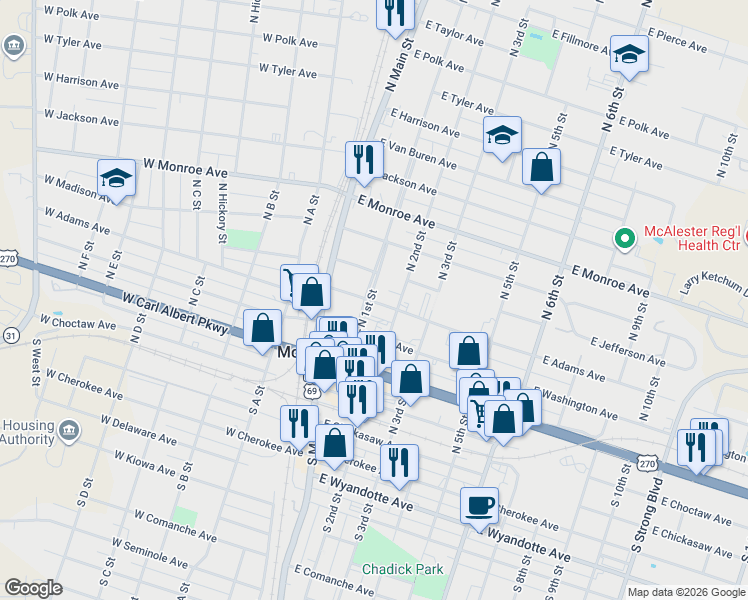 map of restaurants, bars, coffee shops, grocery stores, and more near 215 East Adams Avenue in McAlester