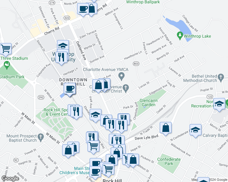 map of restaurants, bars, coffee shops, grocery stores, and more near 354 College Avenue in Rock Hill