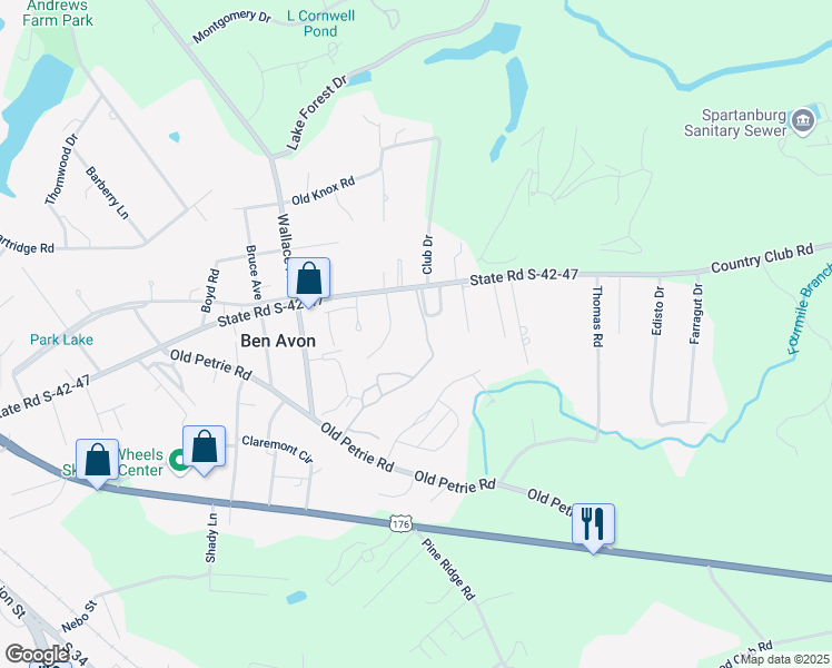 map of restaurants, bars, coffee shops, grocery stores, and more near 2479 Country Club Road in Spartanburg