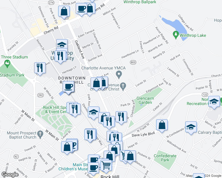 map of restaurants, bars, coffee shops, grocery stores, and more near 356 College Avenue in Rock Hill