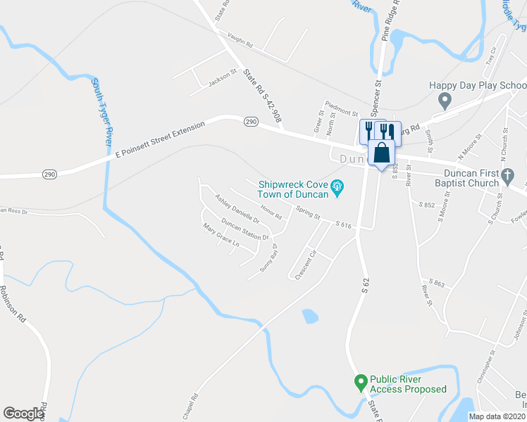 map of restaurants, bars, coffee shops, grocery stores, and more near 325 Honor Road in Duncan