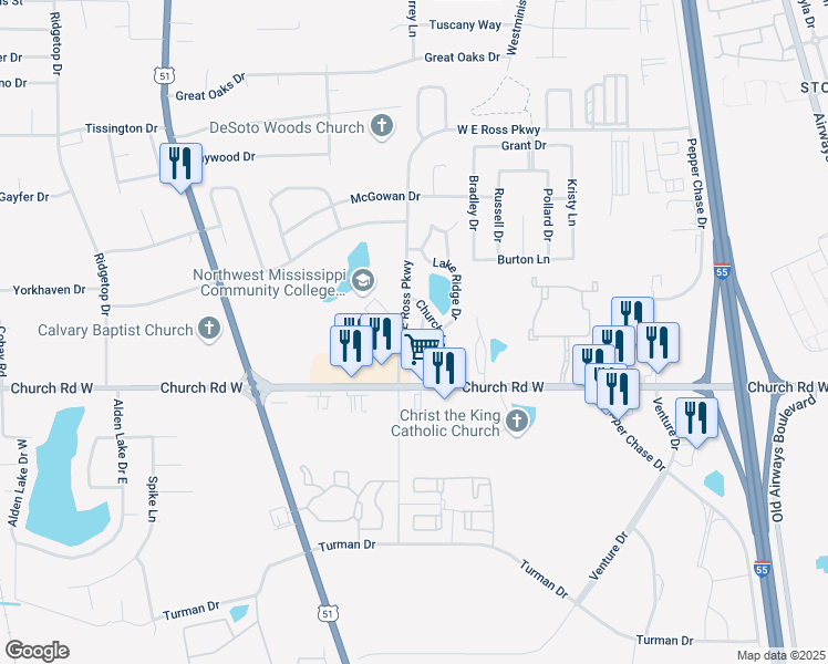 map of restaurants, bars, coffee shops, grocery stores, and more near 5125 Collegiate Drive in Southaven