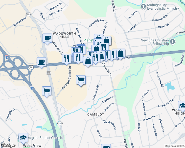 map of restaurants, bars, coffee shops, grocery stores, and more near 101 Runnymeade Lane in Spartanburg