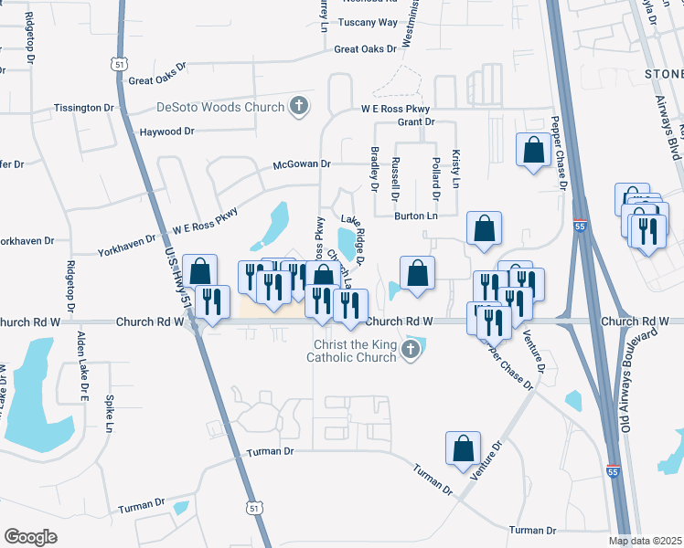 map of restaurants, bars, coffee shops, grocery stores, and more near 5186 Church Lake Drive in Southaven