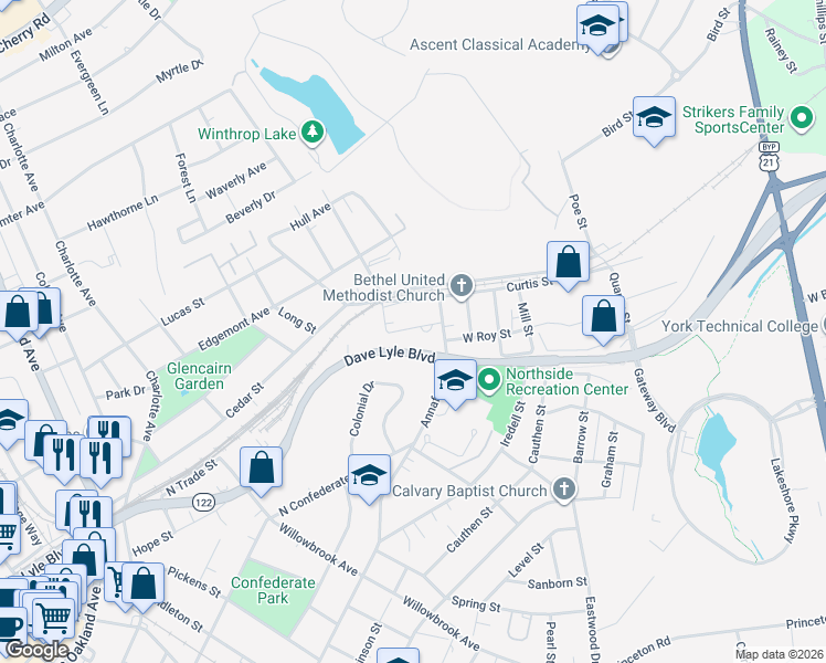 map of restaurants, bars, coffee shops, grocery stores, and more near 1128 Poplar Street in Rock Hill