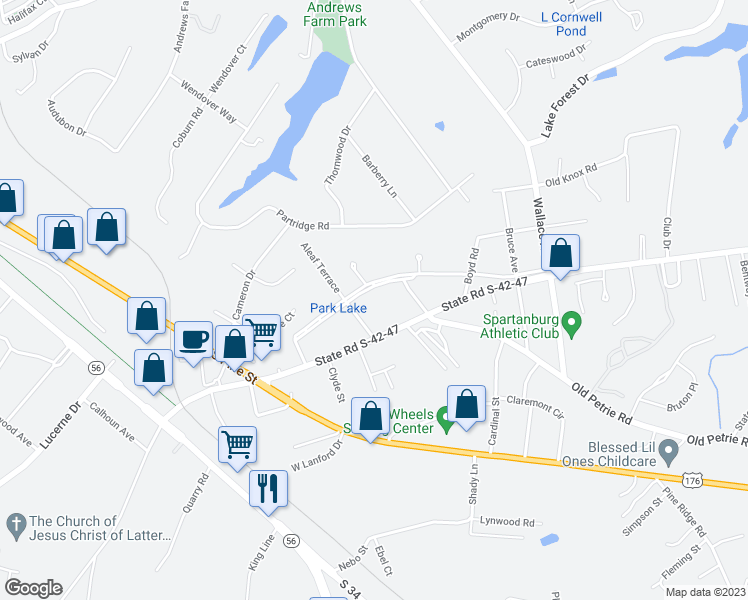map of restaurants, bars, coffee shops, grocery stores, and more near 2261 Avondale Drive in Spartanburg