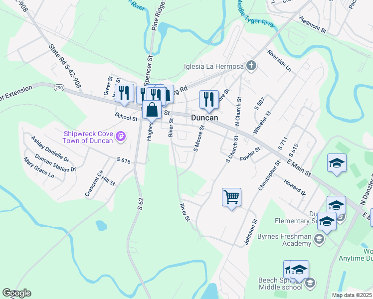 map of restaurants, bars, coffee shops, grocery stores, and more near 122 South Moore Street in Duncan