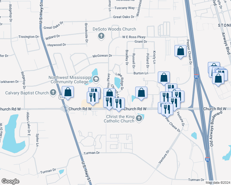 map of restaurants, bars, coffee shops, grocery stores, and more near 934 Church Lane in Southaven