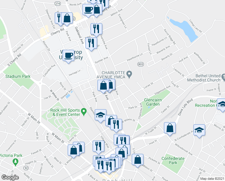 map of restaurants, bars, coffee shops, grocery stores, and more near 526 Union Avenue in Rock Hill