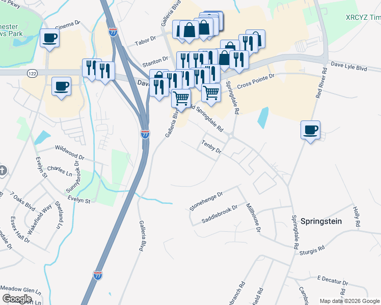 map of restaurants, bars, coffee shops, grocery stores, and more near 272 Ballintoy Lane in Rock Hill