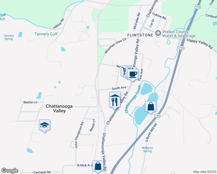 map of restaurants, bars, coffee shops, grocery stores, and more near 212 South Avenue in Chattanooga Valley