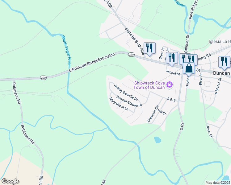 map of restaurants, bars, coffee shops, grocery stores, and more near 594 Duncan Station Drive in Duncan