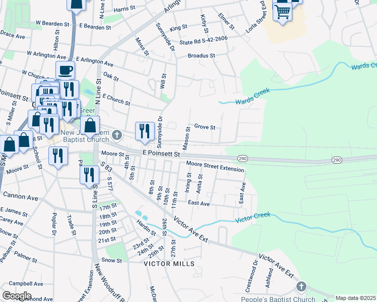 map of restaurants, bars, coffee shops, grocery stores, and more near 701 East Poinsett Street in Greer