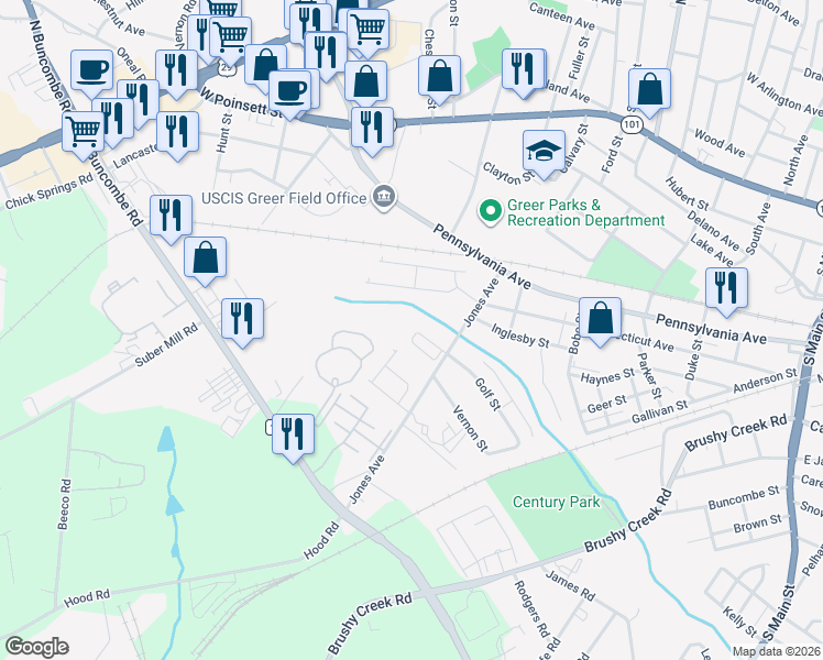 map of restaurants, bars, coffee shops, grocery stores, and more near 439 South Buncombe Road in Greer