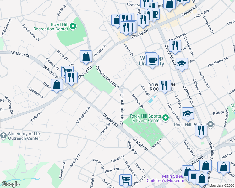 map of restaurants, bars, coffee shops, grocery stores, and more near 899 Constitution Boulevard in Rock Hill