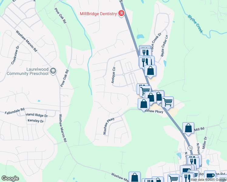map of restaurants, bars, coffee shops, grocery stores, and more near 7904 Spanish Oaks Drive in Waxhaw
