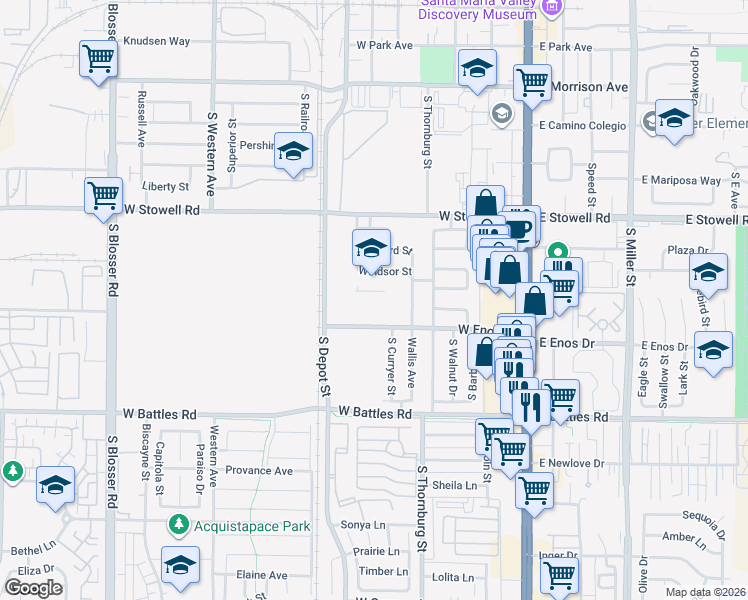 map of restaurants, bars, coffee shops, grocery stores, and more near 500 Windsor Street in Santa Maria