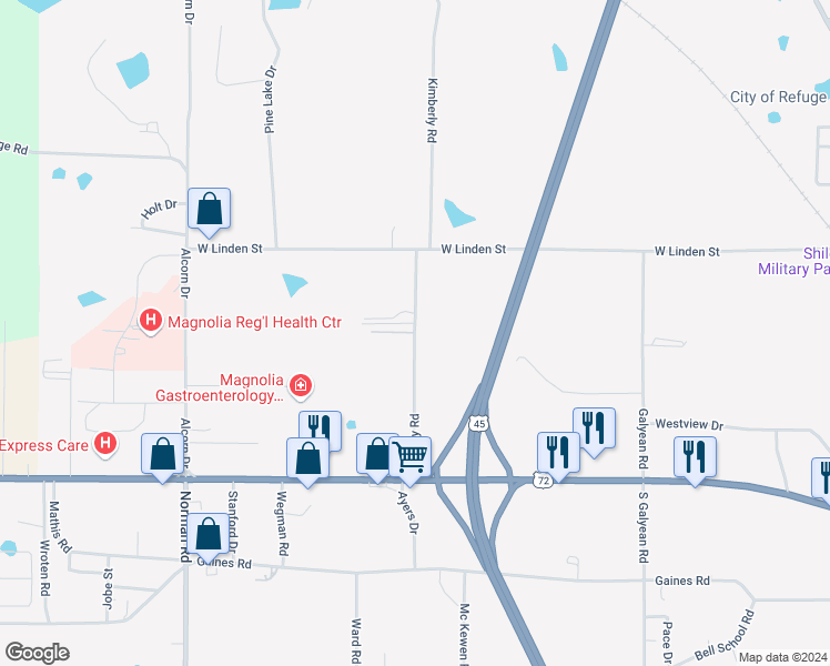 map of restaurants, bars, coffee shops, grocery stores, and more near 607 Bradley Road in Corinth
