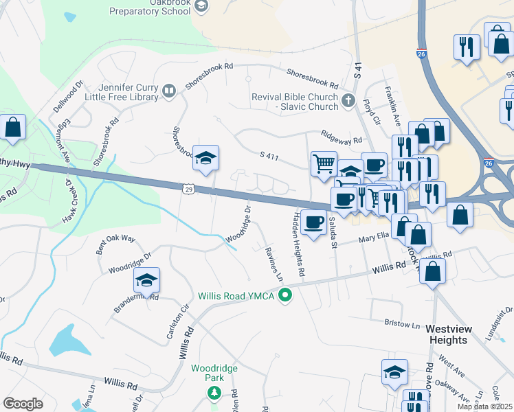 map of restaurants, bars, coffee shops, grocery stores, and more near 105 Ravines Lane in Spartanburg
