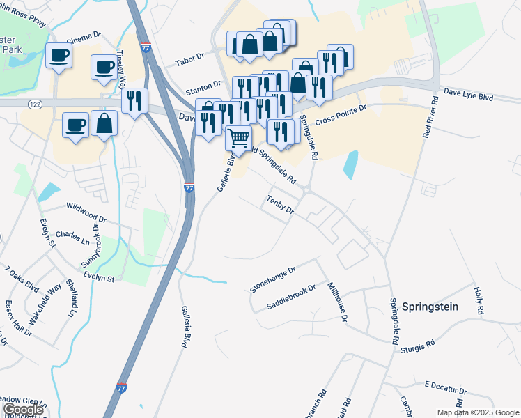 map of restaurants, bars, coffee shops, grocery stores, and more near Glamorgan Way in Rock Hill