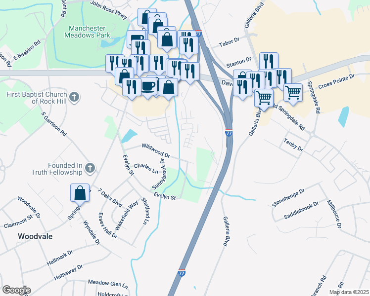 map of restaurants, bars, coffee shops, grocery stores, and more near 257 Liverpool Road in Rock Hill