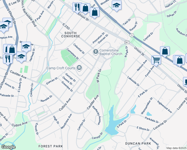 map of restaurants, bars, coffee shops, grocery stores, and more near 112 Hudson Street in Spartanburg