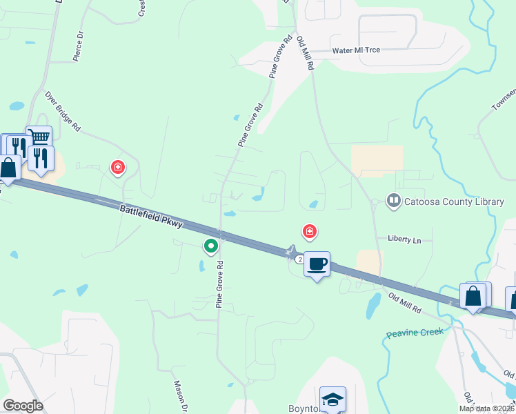 map of restaurants, bars, coffee shops, grocery stores, and more near 6141 Three Notch Road in Ringgold