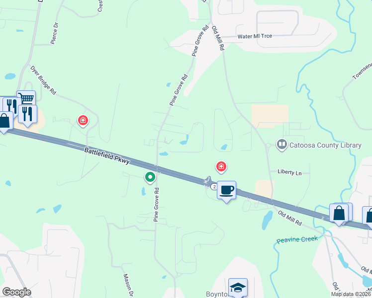 map of restaurants, bars, coffee shops, grocery stores, and more near 6141 Three Notch Road in Ringgold