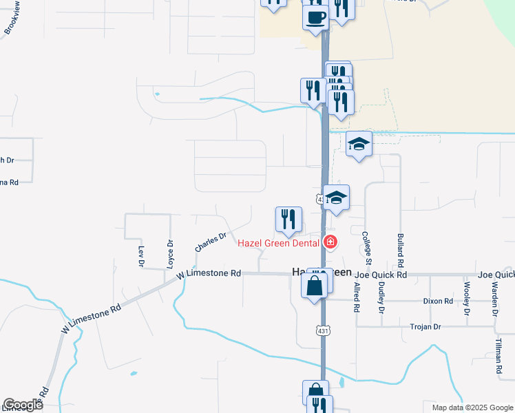 map of restaurants, bars, coffee shops, grocery stores, and more near 245 Charles Drive in Hazel Green