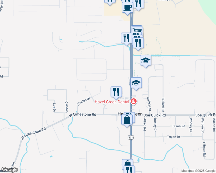 map of restaurants, bars, coffee shops, grocery stores, and more near 202 Lowe Road in Hazel Green