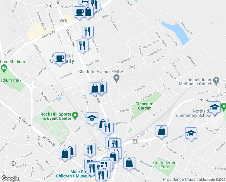 map of restaurants, bars, coffee shops, grocery stores, and more near 359 1/2 Charlotte Avenue in Rock Hill