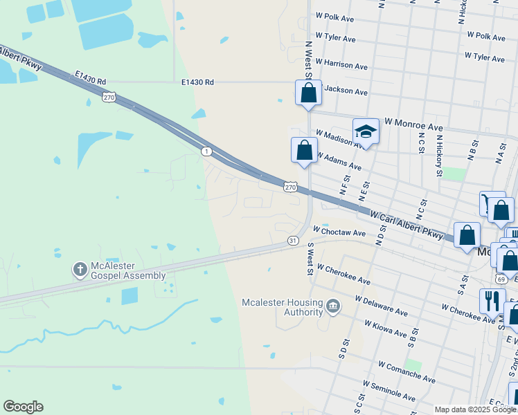 map of restaurants, bars, coffee shops, grocery stores, and more near 946 Oklahoma 31 in McAlester