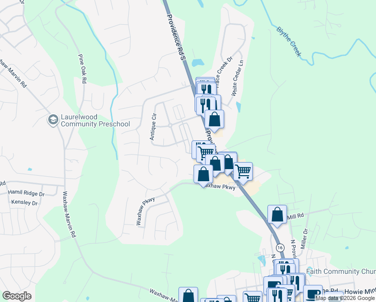 map of restaurants, bars, coffee shops, grocery stores, and more near 4104 Christine Lane in Waxhaw