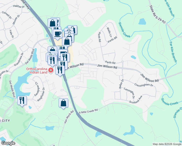 map of restaurants, bars, coffee shops, grocery stores, and more near 2620 Winter Thistle Way in Indian Land