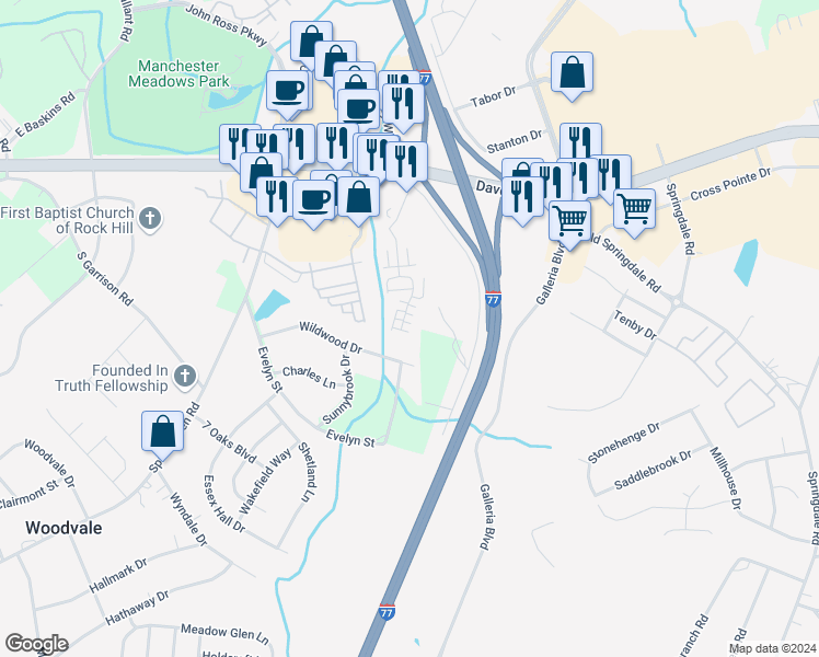 map of restaurants, bars, coffee shops, grocery stores, and more near 266 Liverpool Road in Rock Hill