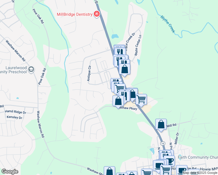map of restaurants, bars, coffee shops, grocery stores, and more near 4104 Christine Lane in Waxhaw