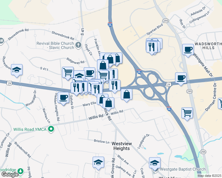 map of restaurants, bars, coffee shops, grocery stores, and more near 7600 Warren H Abernathy Highway in Spartanburg