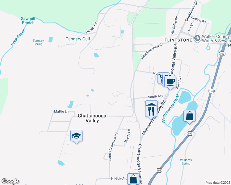 map of restaurants, bars, coffee shops, grocery stores, and more near Bank Street in Chattanooga Valley