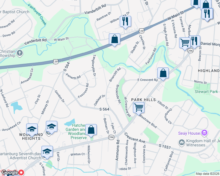 map of restaurants, bars, coffee shops, grocery stores, and more near 245 Briarcliff Road in Spartanburg