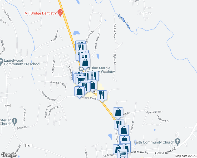 map of restaurants, bars, coffee shops, grocery stores, and more near 7517 Providence Farms Road in Waxhaw