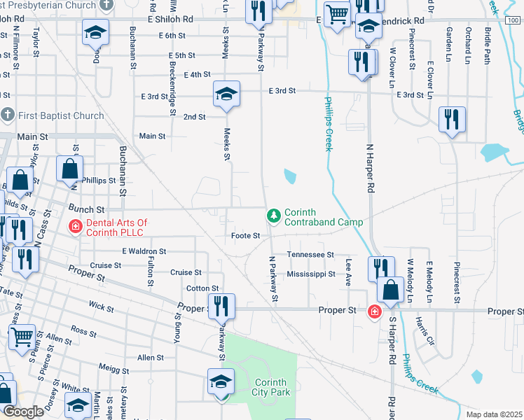 map of restaurants, bars, coffee shops, grocery stores, and more near 800-1212 N Parkway St in Corinth