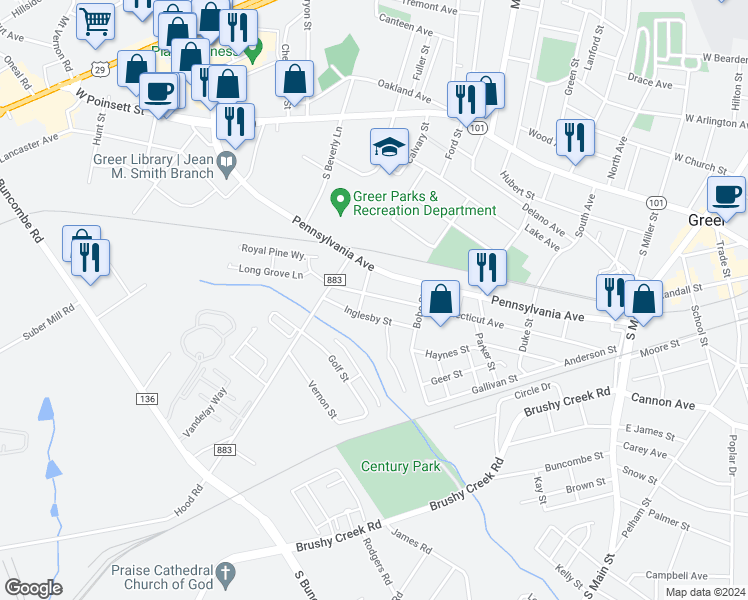 map of restaurants, bars, coffee shops, grocery stores, and more near 413 Connecticut Avenue in Greer