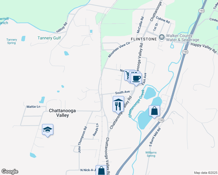 map of restaurants, bars, coffee shops, grocery stores, and more near 212 South Avenue in Chattanooga Valley